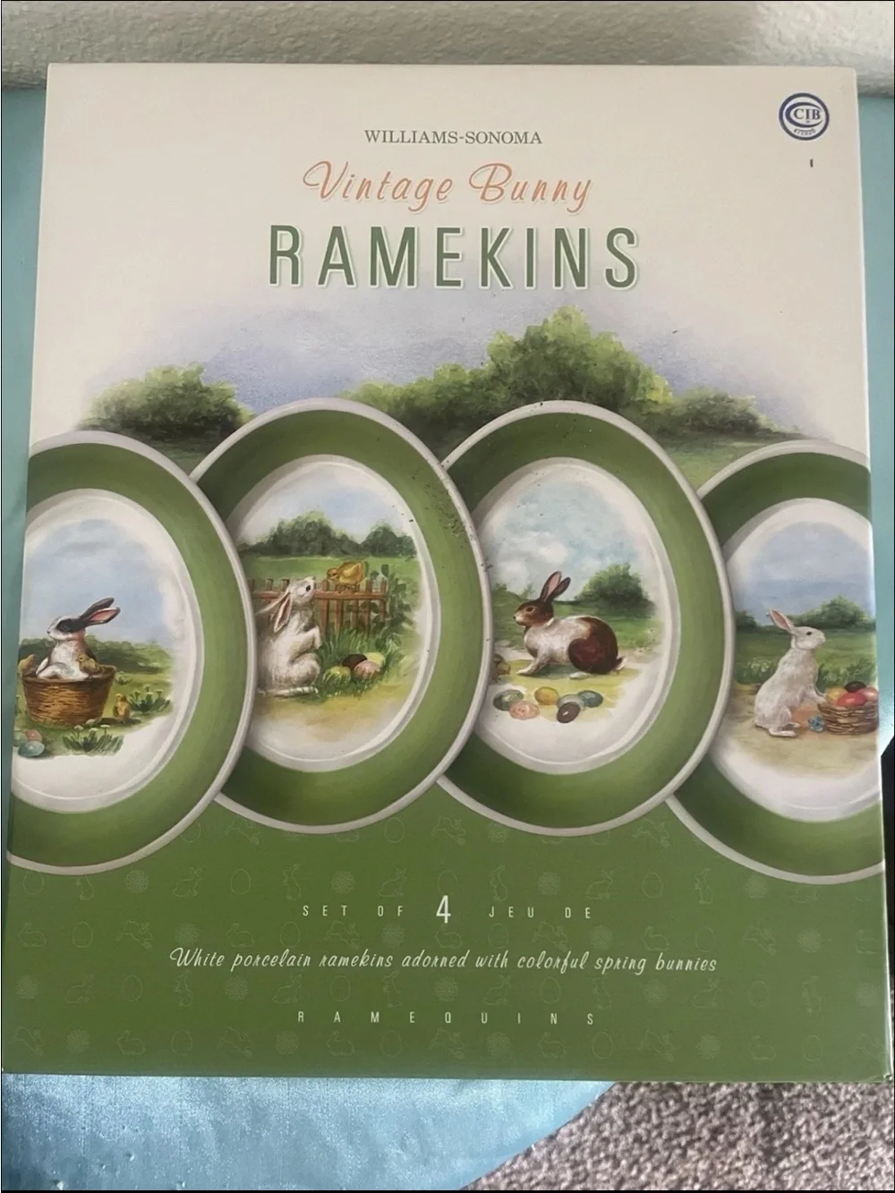 Williams Sonoma Green Vintage Bunny Porcelain Ramekins - Set of 4